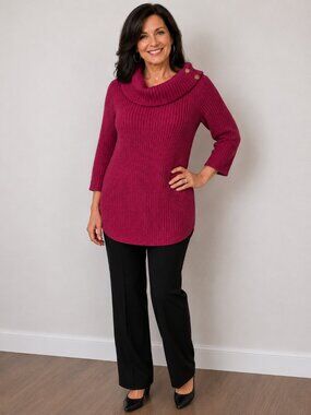 89th & Madison Pullover Pink Sweater, Cowl Neck, Gold Buttons, Size Large, NWT